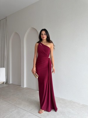 Klex Tek Omuz Drapeli Bel Detaylı Uzun Abiye Elbise 6128 Bordo - S