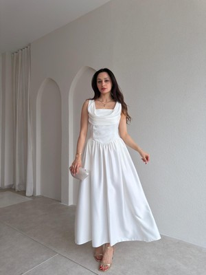 Klex Kare Yaka Drapeli Korseli Saten Midi Elbise 6115 Beyaz - M