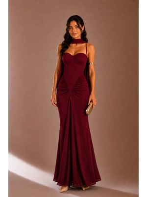 Klex Şal Detaylı Drapeli Uzun Abiye Elbise 6122 Bordo - L