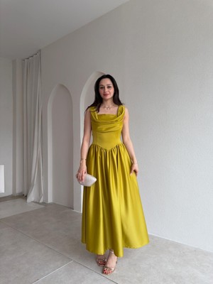Klex Kare Yaka Drapeli Korseli Saten Midi Elbise 6115 Yağ Yeşili - M