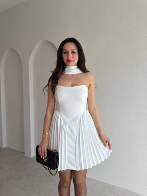 Klex Şal Detaylı Straplez Mini Elbise 6095 Beyaz - S