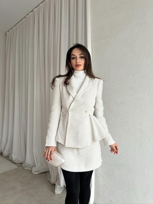 Klex Kruvaze Yaka Dokulu Ceket Etek Takım 6053 Bej - M