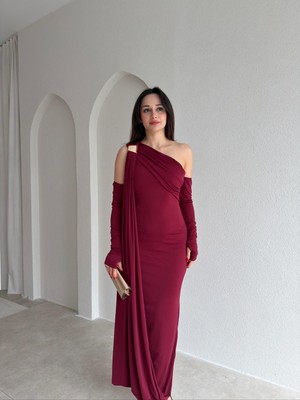 Klex Tek Omuz Drapeli Uzun Kollu Uzun Abiye Elbise 6130 Bordo - L