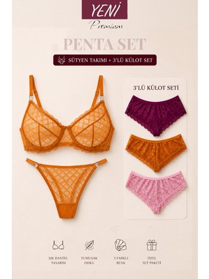 Valunor Penta Set 1 Mesh Hardal Sarı Sütyen Takım ve Brazilian Dantelli Pembe 3’lü Külot Set Fantezi Kadın Iç Çamaşırı Takımı