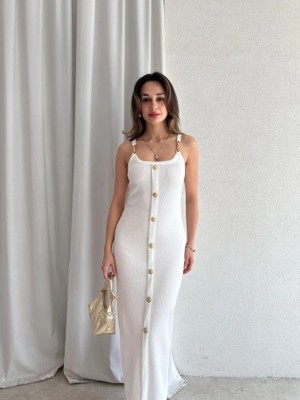 Klex Zincir Askılı Önü Düğmeli Fitilli Maxi Elbise 5072 Beyaz - M