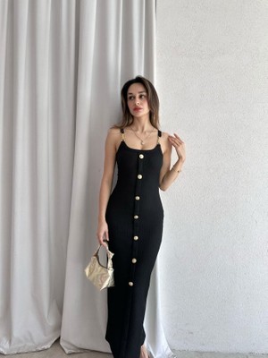 Klex Zincir Askılı Önü Düğmeli Fitilli Maxi Elbise 5072 Siyah - Xl