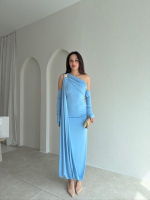 Klex Tek Omuz Drapeli Uzun Kollu Uzun Abiye Elbise 6130 Bebe Mavisi - Xl