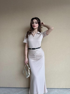 Klex Polo Yaka Büzgü Detaylı Kemerli Etekli Alt Üst Takım 5005 Taş - M
