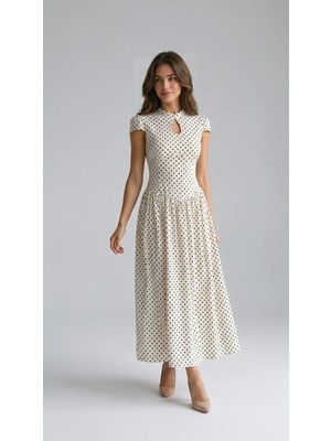 Klex Puantiyeli Damla Yaka Maxi Elbise 6114 Krem - L