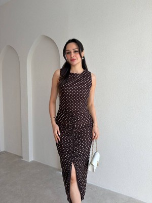Klex Büzgü Detaylı Puantiyeli Midi Elbise 6093 Kahverengi - M