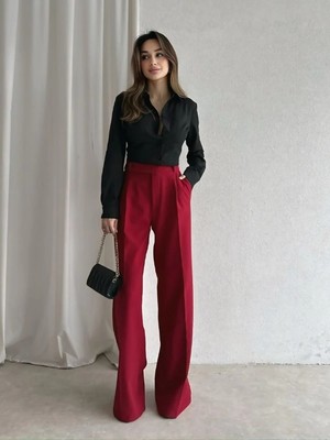 Klex Yüksek Bel Palazzo Pantolon 5035 Bordo - M