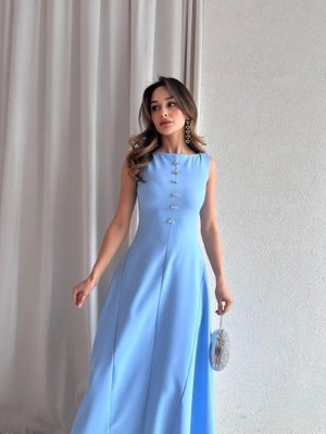 Klex Kayık Yaka Taşlı Fiyonk Detaylı Maxi Elbise 5055 Mavi - S