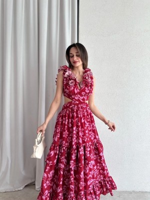 Klex Çiçek Desenli Yakası Volanlı Cut-Out Maxi Elbise 5059 Bordo - M