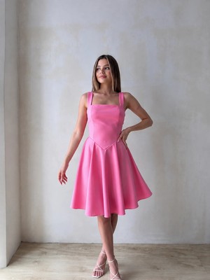 Klex Kare Yaka Belden Oturtmalı Mini Abiye Elbise 5091 Pembe - M