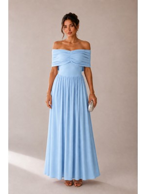 Klex Kayık Yaka Drapeli Uzun Abiye Elbise 6106 Bebe Mavisi - Xl