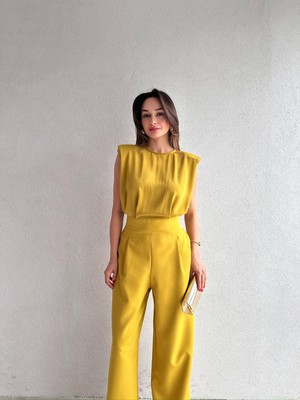 Klex Bisiklet Yaka Vatkalı Crop Bluz Palazzo Pantolon Tulum 5068 Yağ Yeşili - L