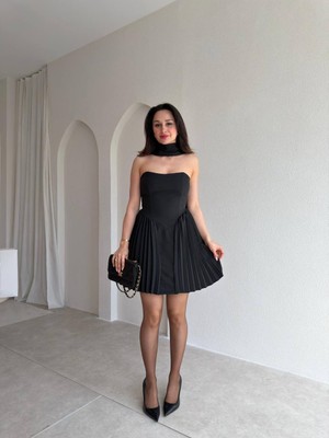 Klex Şal Detaylı Straplez Mini Elbise 6095 Siyah - S