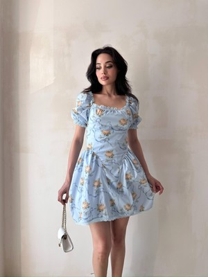 Klex Kare Yaka Dantel Detaylı Balon Kollu Çiçek Desenli Mini Elbise 5097 Mavi - S