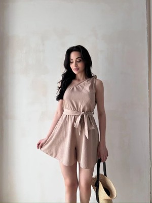 Klex Tek Omuz Kuşak Detaylı Mini Elbise 5077 Bej - L