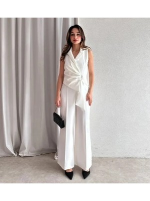 Klex Şal Yaka Bağlama Detaylı Yelek Pantolon Takım 5042 Beyaz - L