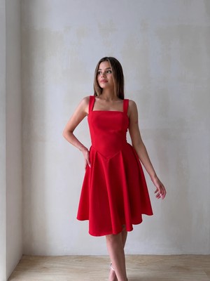 Klex Kare Yaka Belden Oturtmalı Mini Abiye Elbise 5091 Kırmızı - L