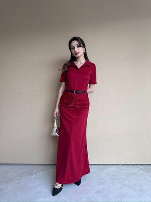 Klex Polo Yaka Büzgü Detaylı Kemerli Etekli Alt Üst Takım 5005 Bordo - L
