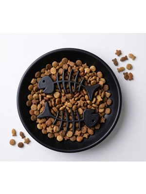 Balık Kılçığı Temalı Kedi Yavaş Yeme Kabı (Slow Feeder) - Siyah