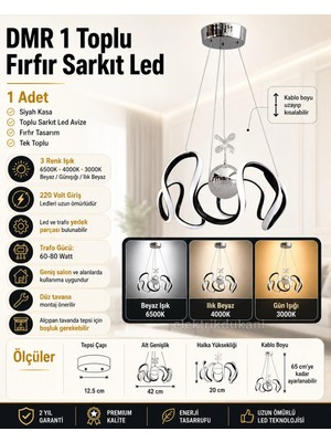 Dmr 1 Toplu Fırfır Sarkıt LED Avize Siyah Kasa Üç Renk 6500K/4000K/3000K (Beyaz /sarı/ılık Beyaz (Günışığı))