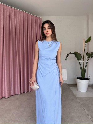 Klex Vatkalı Bel Detaylı Uzun Elbise 5033 Mavi - M