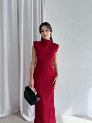 Klex Omuz Detaylı Dik Yaka Uzun Abiye Elbise 5048 Bordo - S