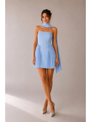 Klex Şal Detaylı Straplez Mini Elbise 6095 Bebe Mavisi - M