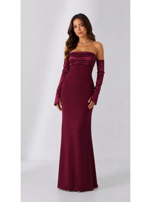 Klex Saten Detaylı Straplez Uzun Abiye Elbise 6111 Bordo - S
