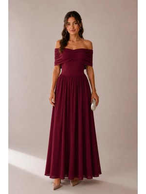 Klex Kayık Yaka Drapeli Uzun Abiye Elbise 6106 Bordo - M
