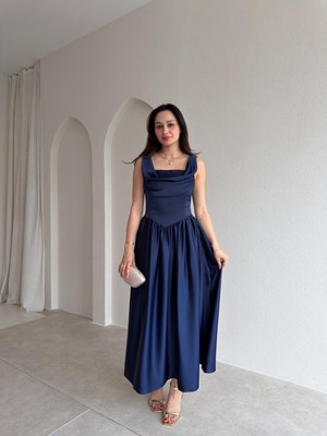 Klex Kare Yaka Drapeli Korseli Saten Midi Elbise 6115 Lacivert - S