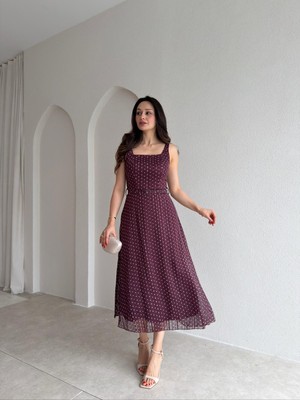Klex Kare Yaka Kemer Detaylı Puantiyeli Midi Elbise 6120 Bordo - L