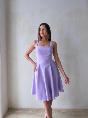 Klex Kare Yaka Belden Oturtmalı Mini Abiye Elbise 5091 Lila - L
