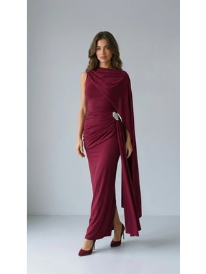Klex Aksesuar Detaylı Drapeli Uzun Abiye Elbise 6112 Bordo - Xl