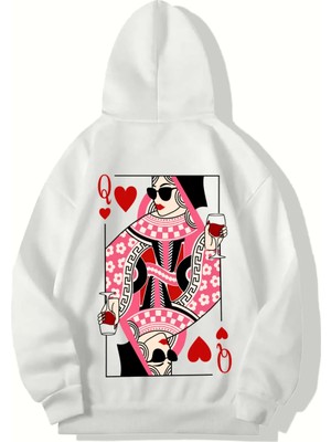 Brz Collection Unisex Oversize Queen Of Hearts Iskambil Kızı Q Hoodıe (Beyaz)