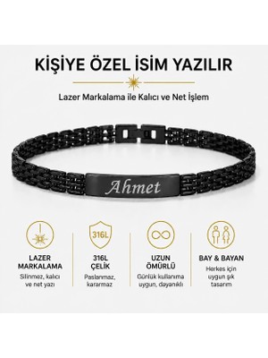 Melisa Takı & Aksesuar Çelik Siyah Renk Isim Yazılır Unısex Bileklik (Kişiselleştirilebilir)
