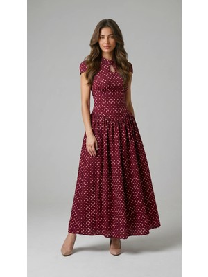 Klex Puantiyeli Damla Yaka Maxi Elbise 6114 Bordo - M