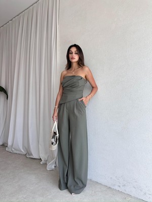 Klex Straplez Drapeli Büstiyer Pantolon Takım 5026 Haki - L