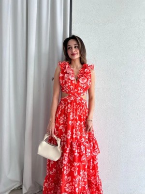 Klex Çiçek Desenli Yakası Volanlı Cut-Out Maxi Elbise 5059 Turuncu - M