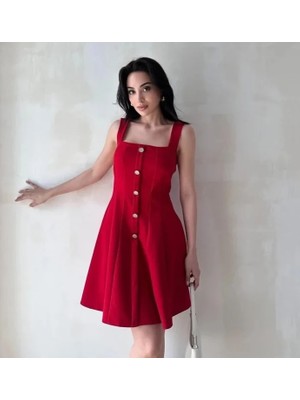 Klex Kare Yaka Metal Düğmeli Pileli Mini Elbise 5086 Kırmızı - M