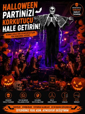 Bkmc Party Halloween Asılı Iskelet Dekoru – Gerçekçi Kuru Kafa Figürü, Cadılar Bayramı Parti ve Korku Evi Süsü