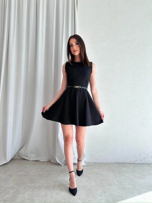Klex Bisiklet Yaka Garnili Kemerli Kloş Mini Elbise 5040 Siyah - Xl