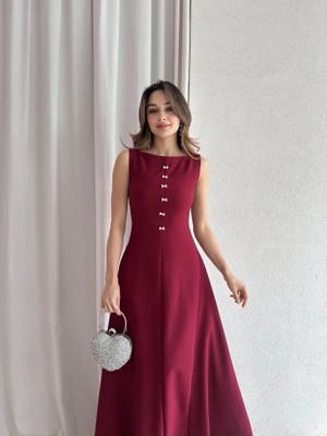 Klex Kayık Yaka Taşlı Fiyonk Detaylı Maxi Elbise 5055 Bordo - S
