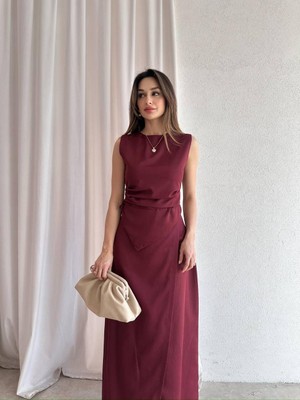 Klex Vatkalı Bel Detaylı Uzun Elbise 5033 Bordo - M