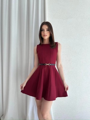 Klex Bisiklet Yaka Garnili Kemerli Kloş Mini Elbise 5040 Bordo - S