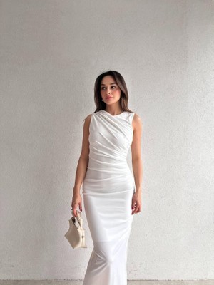 Klex Omuzdan Drapeli Maxi Elbise 5074 Beyaz - S