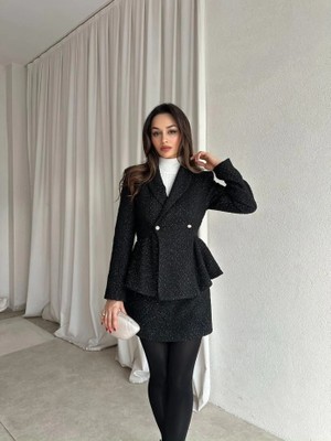 Klex Kruvaze Yaka Dokulu Ceket Etek Takım 6053 Siyah - M